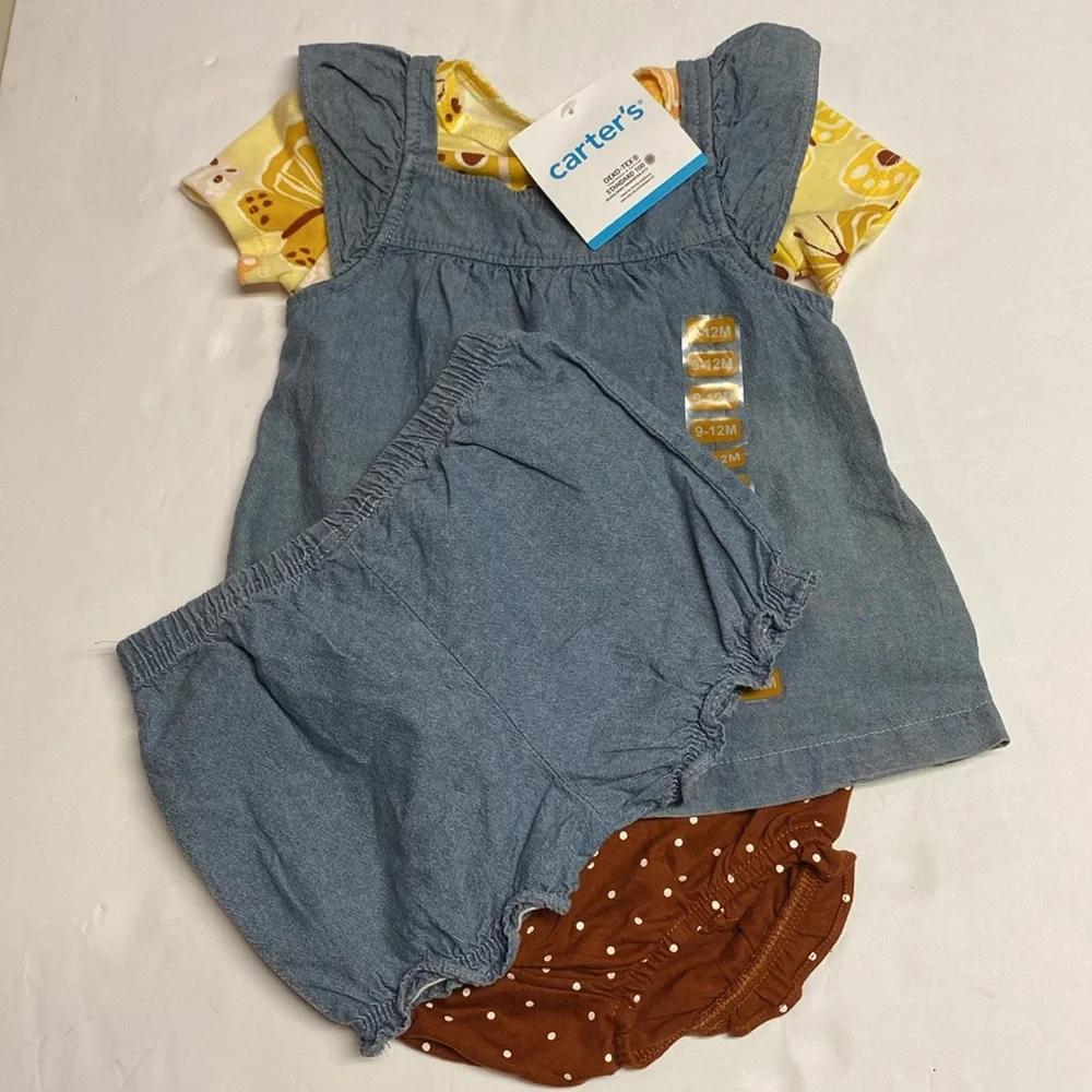 NEW Carters Baby Girl 4-Piece Denim Dress Set(Butterfly,Chambray, 9-12M Jumper - Picture 1 of 12